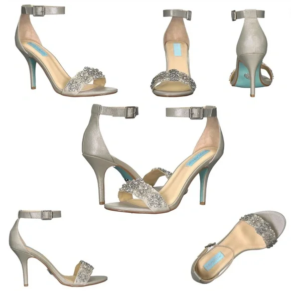 Betsey Johnson Gina Jeweled Ankle Strap Dress Sandals Silver Satin Stiletto Heel - Picture 4 of 14